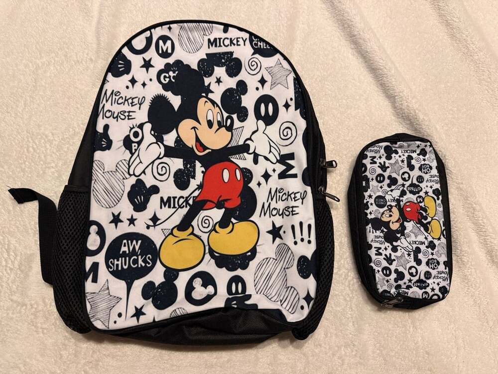 Mickey Mouse Black and White Doodle Print Backpack with Matching Pouch